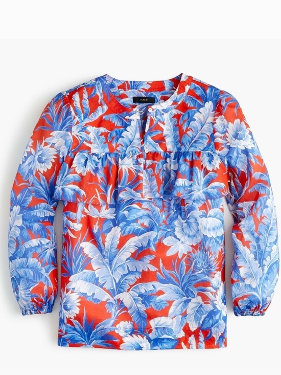 J. Crew Tops - J Crew Top Ratti Rio Floral Print Ruffle Blouse Shirt Red & Blue Tall Small